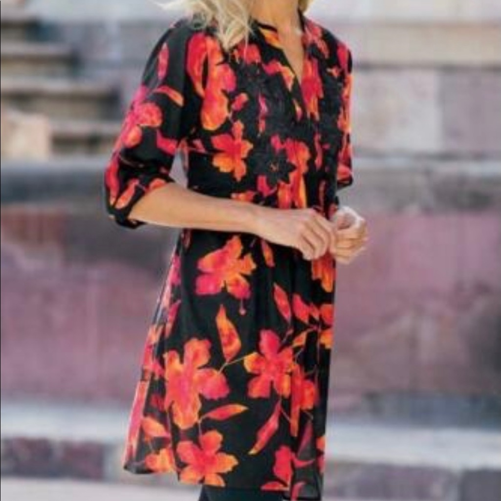 Soft Surroundings Tunic Size Small Orange Black Floral Embroidered